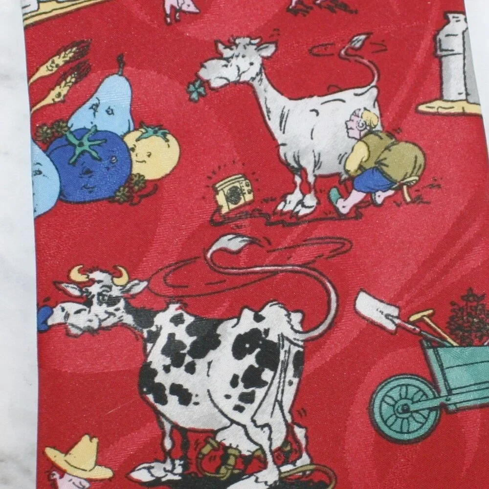 TREND CORNER Necktie Farmer Cow Chores Country Farm Animals Novelty Neck Tie Red